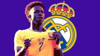 Vinicius y el escudo del Real Madrid.