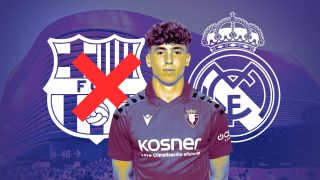 Víctor Muñoz, escudo del Barcelona y del Real Madrid.