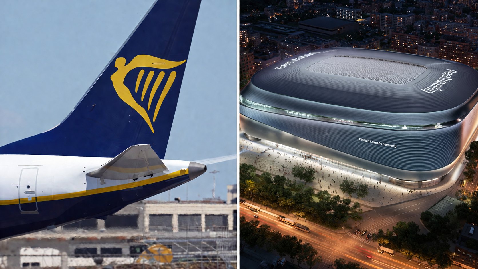 El logo de Ryanair y el Bernabéu.