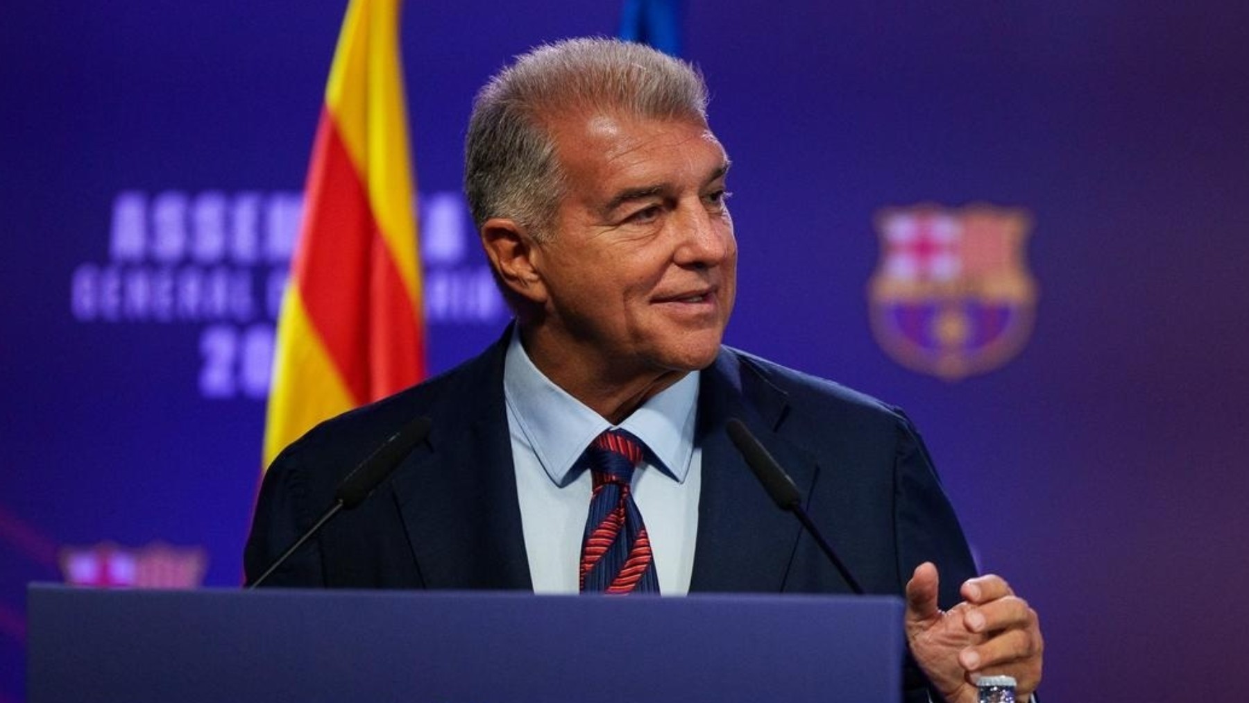 El presidente del FC Barcelona, Joan Laporta, en su discurso en la Asamblea General Ordinaria 2026