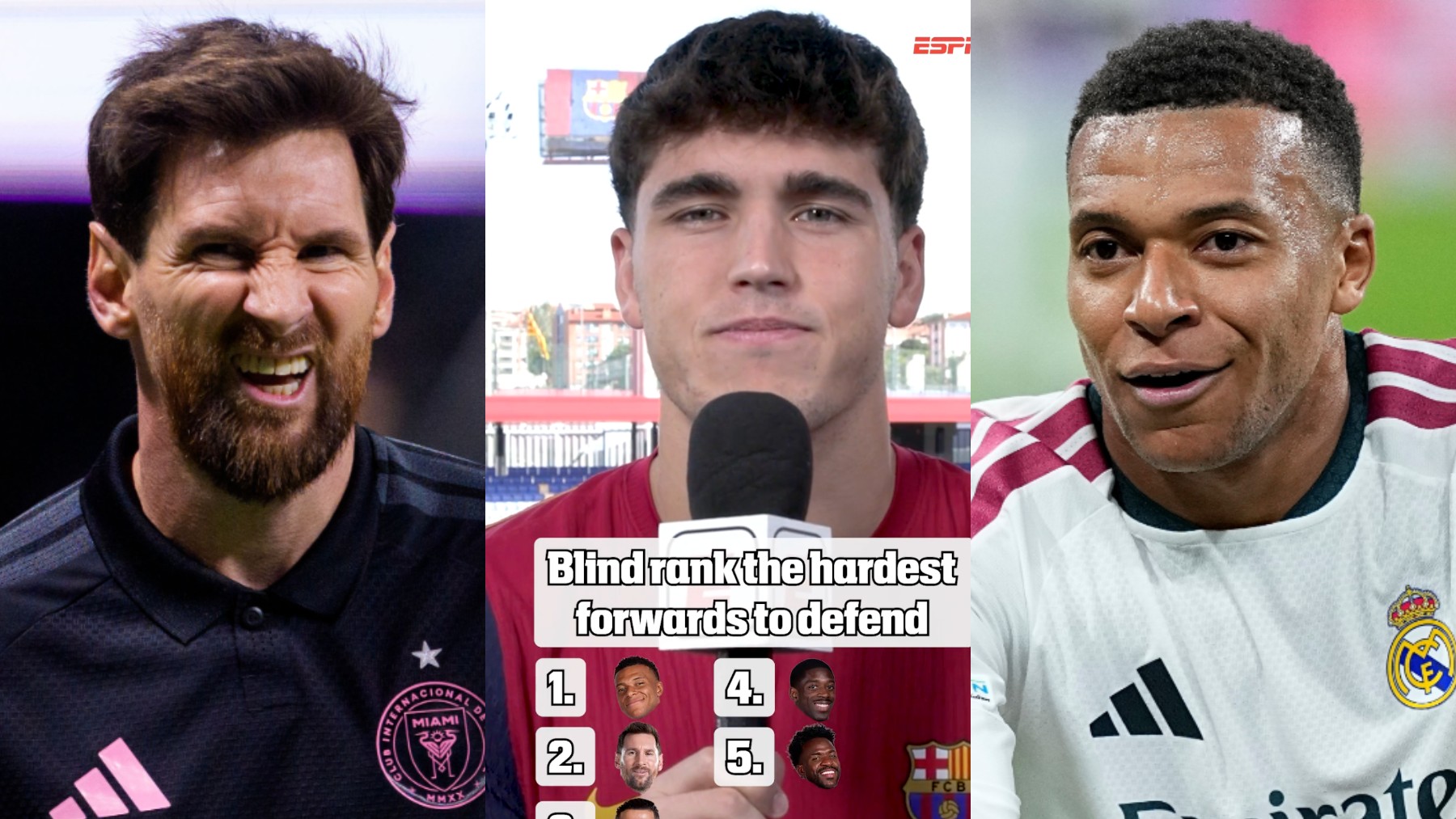 Leo Messi, Pau Cubarsí y Kylian Mbappé (Getty y ESPN)