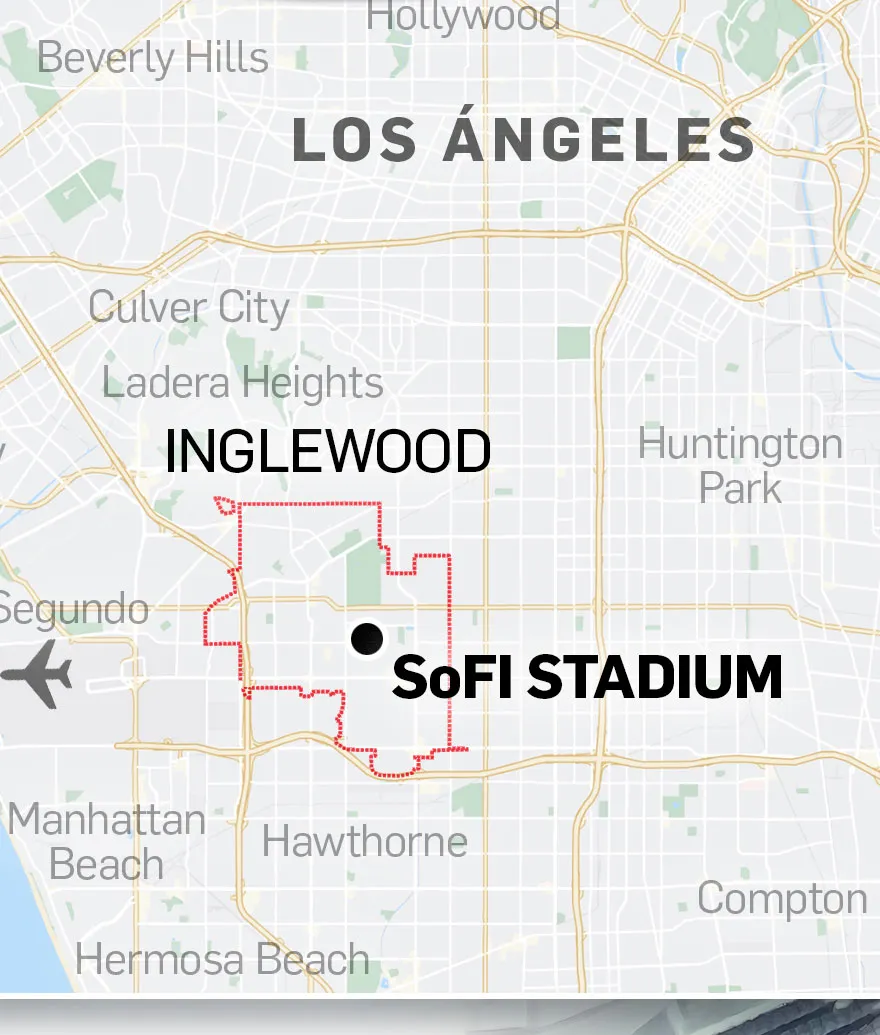 Mapa de Inglewood, Los Ángeles, con la ubicación del SoFi Stadium