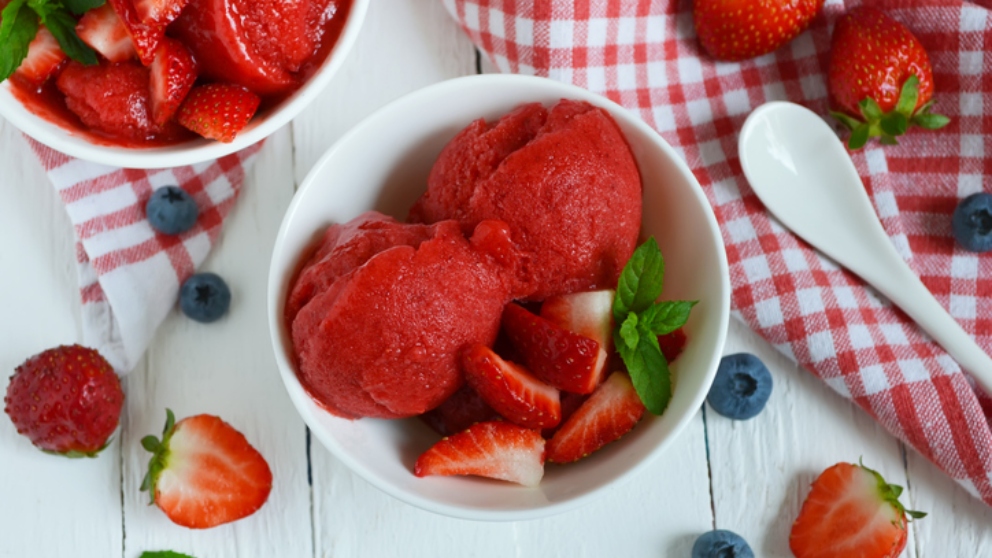 Cold, bright strawberry sorbet, berry ice cream