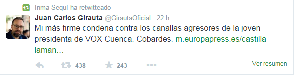 Mensaje de Juan Carlos Girauta solidarizándose con Inma Sequí.