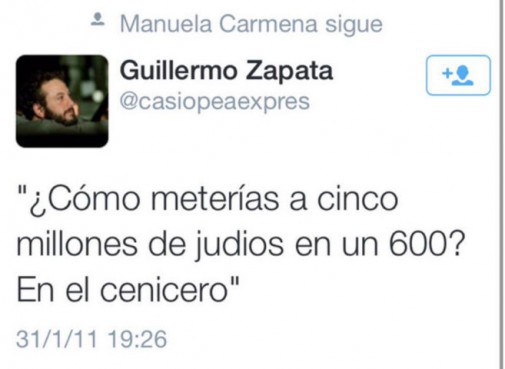 Carmena seguía a Zapata en Twitter cuando el edil se mofó del Holocausto