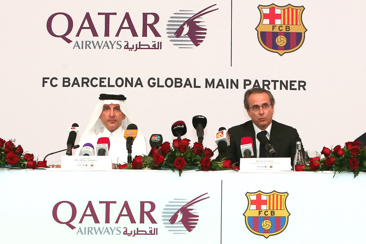 Javier Faus, ex vicepresidente del Barcelona, durante un acto con Qatar Airways. (AFP)