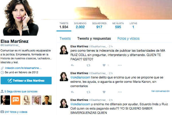 Tuits difundidos esta mañana en los que la ex directora de Ciudad de la Luz, Elsa Martínez, insulta a los periodistas de OkDiario