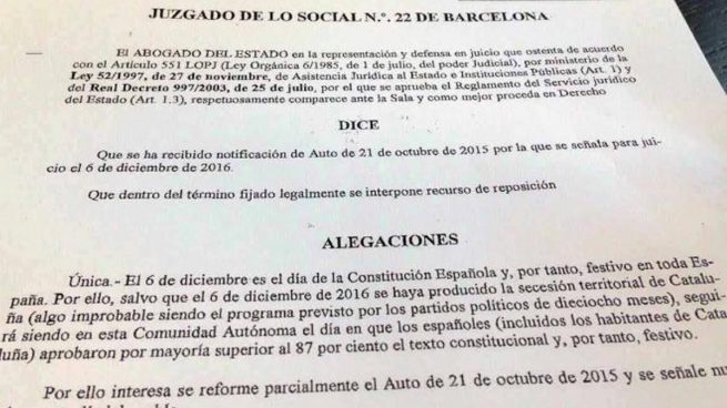 Así responde un abogado del Estado a un juez catalán: «Salvo que se haya producido la secesión de Cataluña, el 6 de diciembre es festivo»