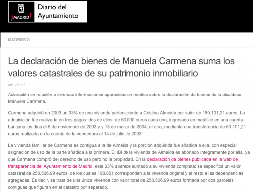 Comunicado difundido en la web del Ayuntamiento de Madrid sobre el patrimonio de Manuela Carmena