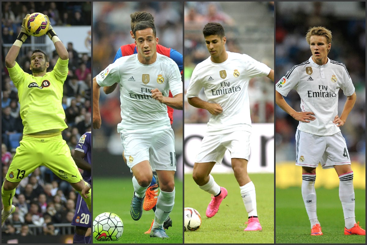 Casilla, Lucas Vázquez, Asensio y Odegaard, jugadores del Real Madrid.