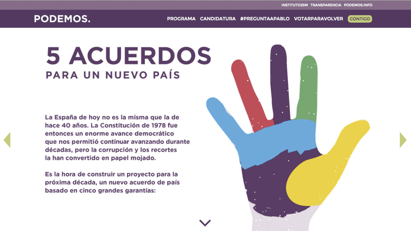 Imagen de la página web de Podemos con la copia del logo de Madrid 2016.