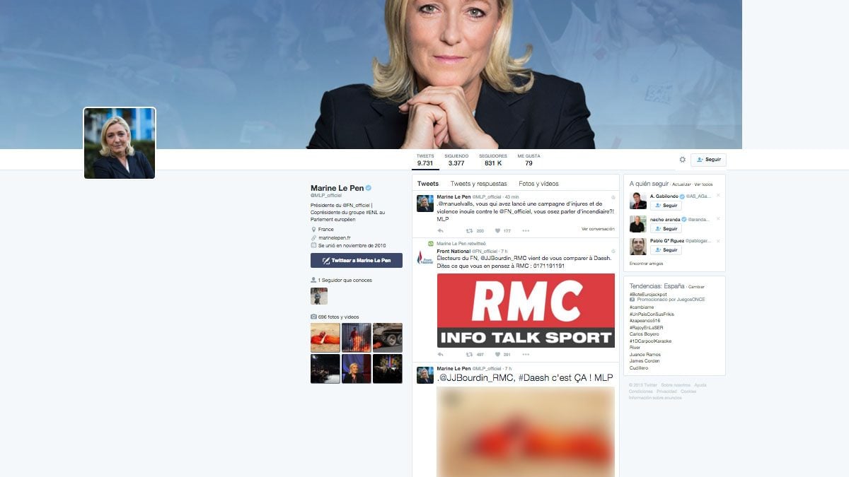 Perfil de Twitter de Marine Le Pen. (Foto: @MLP_officiel)