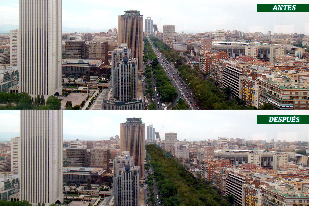 Imagen actual de la Castellana (arriba) y recreación de cómo podría quedar con la eliminación de los carriles de tráfico (Montaje: Arancha Tendillo)