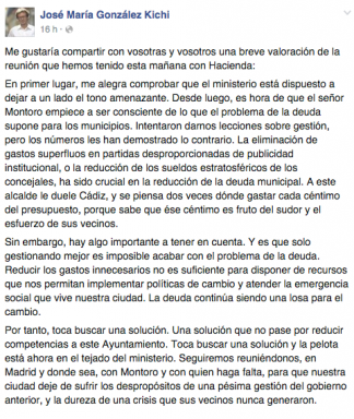 El comunicado publicado por el propio alcalde de Cádiz en su cuenta de Facebook