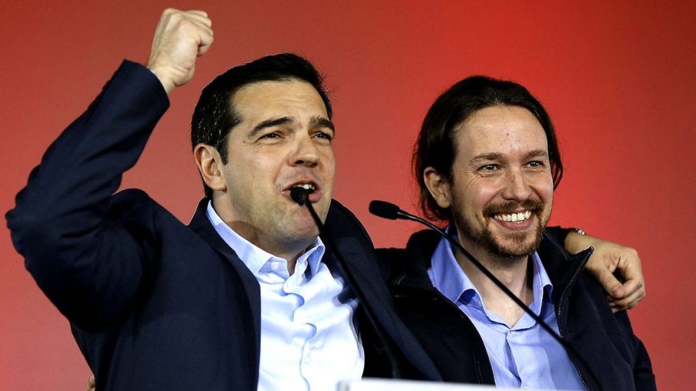 Alexis Tsipras, junto con Pablo Iglesias en un mitin de Syriza.
