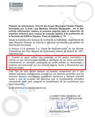 Respuesta del Ayuntamiento al PP sobre el Edificio España (pinchar para ampliar).