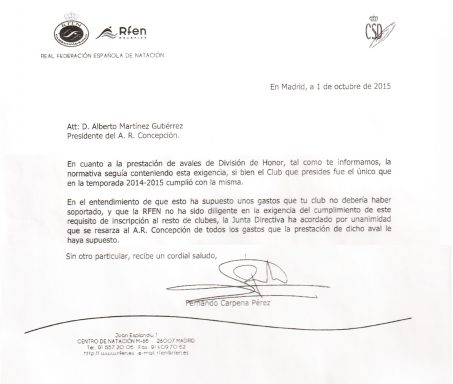 La carta de Carpena al club A.R. Concepción.