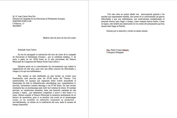 Carta de Pablo Crespo a Juan Carlos Vera