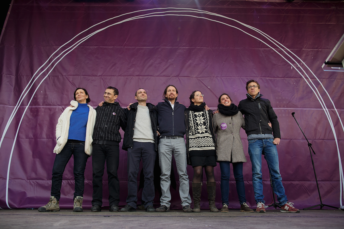 Iglesias, Monedero, Errejón y otros dirigentes de Podemos, en un acto electoral (Foto: Getty)
