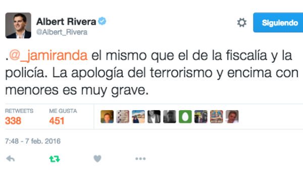 Rivera: «La apología del terrorismo y encima con menores es muy grave»