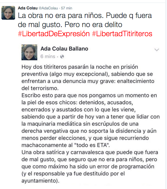 Colau se solidariza con los titiriteros de Carmena: «Ahora tienen que lidiar con la maquinaria mediática de la derecha vengativa»
