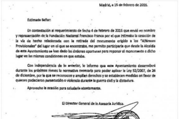 Carta enviada por el Ayuntamiento a la Fundación Francisco Franco.