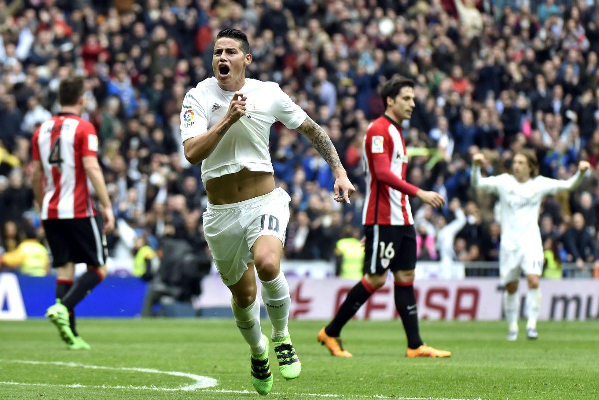 James celebra el 2-1 ante el Athletic. (AFP)