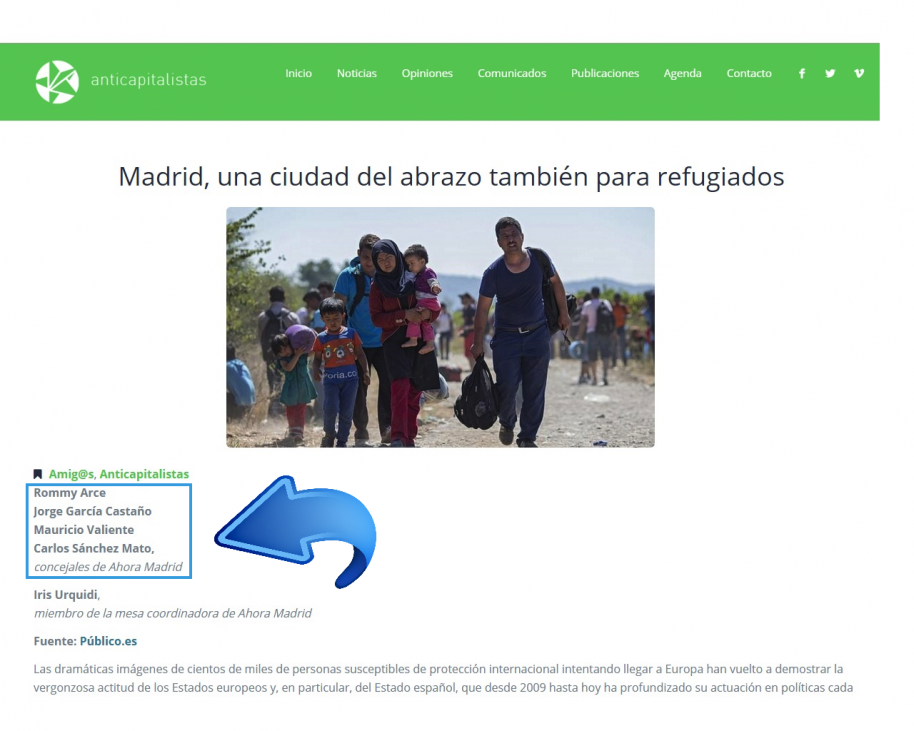 Captura de la web de Anticapitalistas donde se refleja la vinculación de concejales de Ahora Madrid con este colectivo