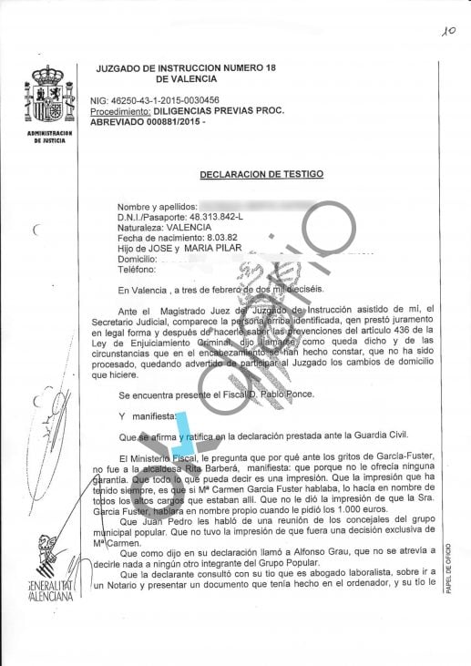 Documento de la declaración de la testigo de la 'operación Taula'.