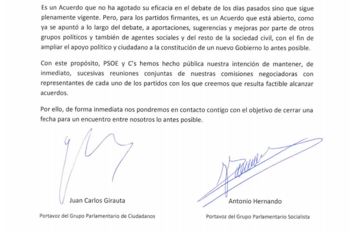 Fragmento de la carta que PSOE y C’S han enviado a los grupos.