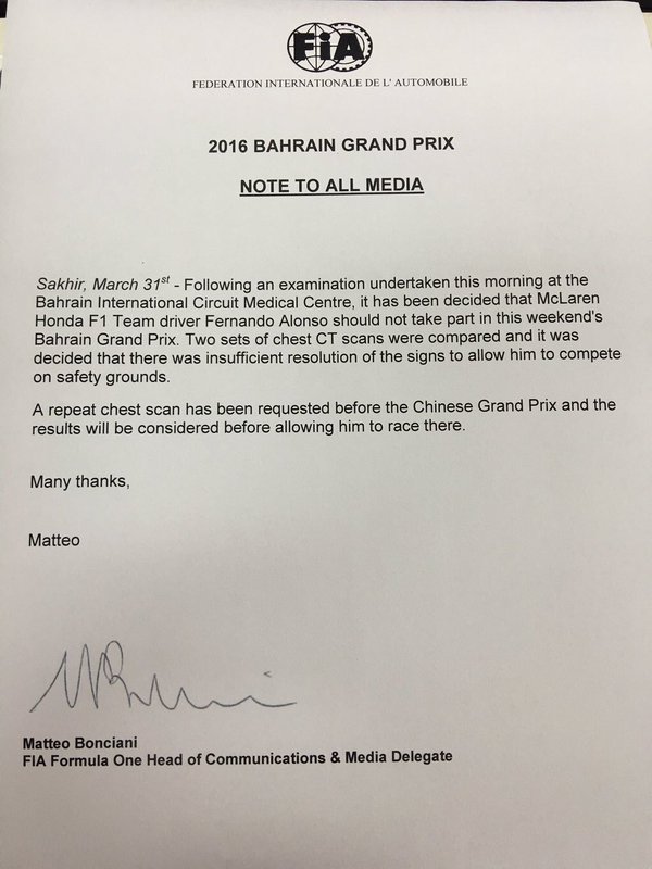 Comunicado  de la FIA sobre el chequeo a Fernando Alonso