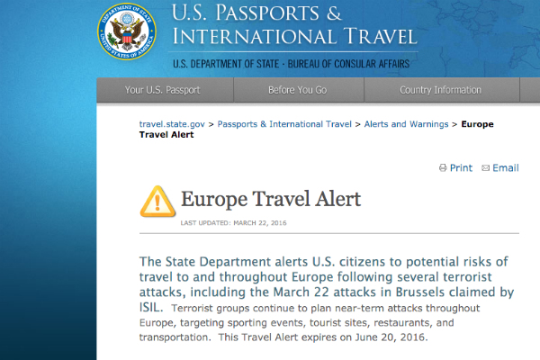 La alerta en la web del Departamento de Estado de EEUU.