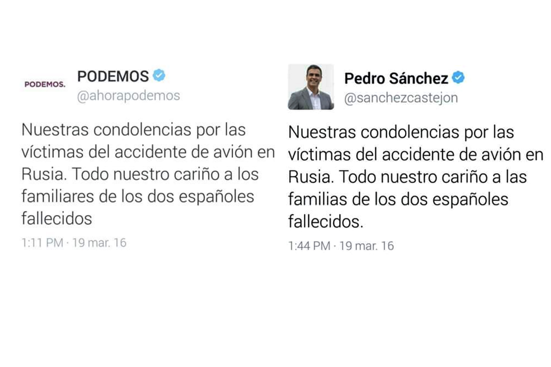 Éstos son los tuits publicados por Podemos, a las 13.11 h, y por Pedro Sánchez, a las 13.44 h.