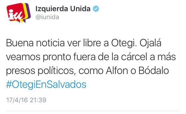 Izquierda Unida se alinea con el etarra Otegi, Alfon y Bódalo en un mismo tweet