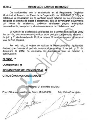 Documento de cobro de dietas falsas firmado por Uxue Barkos