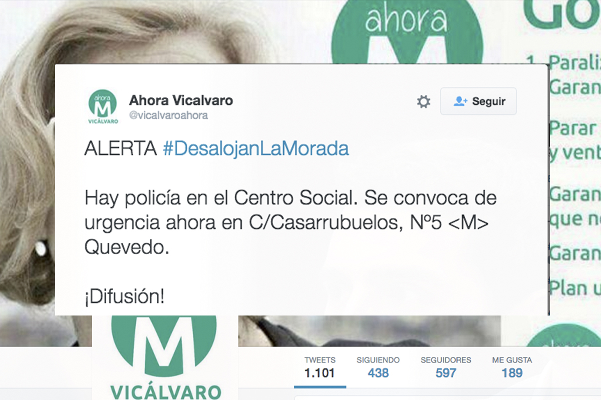 Llamada de Ahora Madrid Vicálvaro a boicorear un desalojo. (Foto: Twitter)