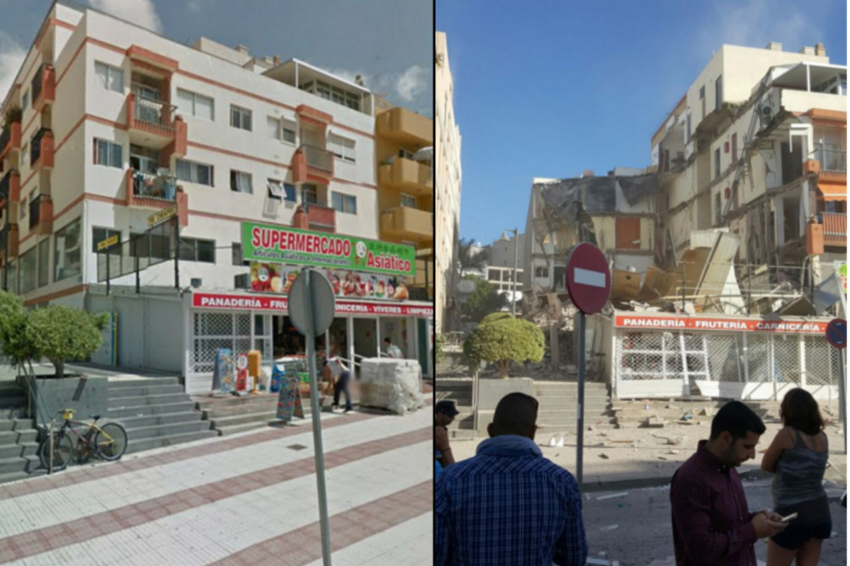 En la foto se puede apreciar el edificio antes y después del derrumbe. (Foto: GoogleMaps y @artemis)