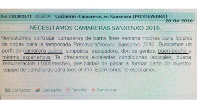 Denuncian oferta de empleo en Sanxenxo que pide una camarera con «buen pecho»