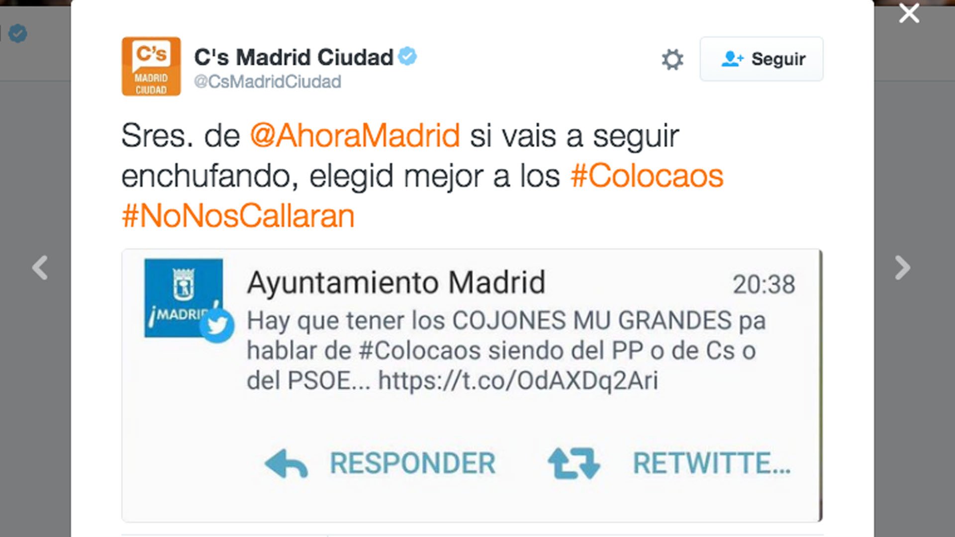 Tuit del Ayuntamiento de Madrid capturado por Ciudadanos. (Foto: @CsMadridCiudad) 