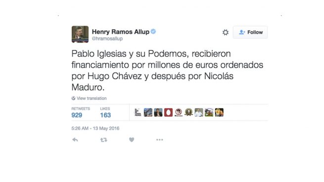 Henry Ramos dice también que la dictadura de Maduro ha financiado ilegalmente a Podemos