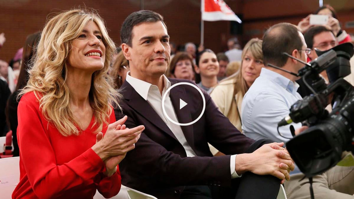 Pedro Sánchez y su mujer Begoña Gómez durante un mitin del PSOE.