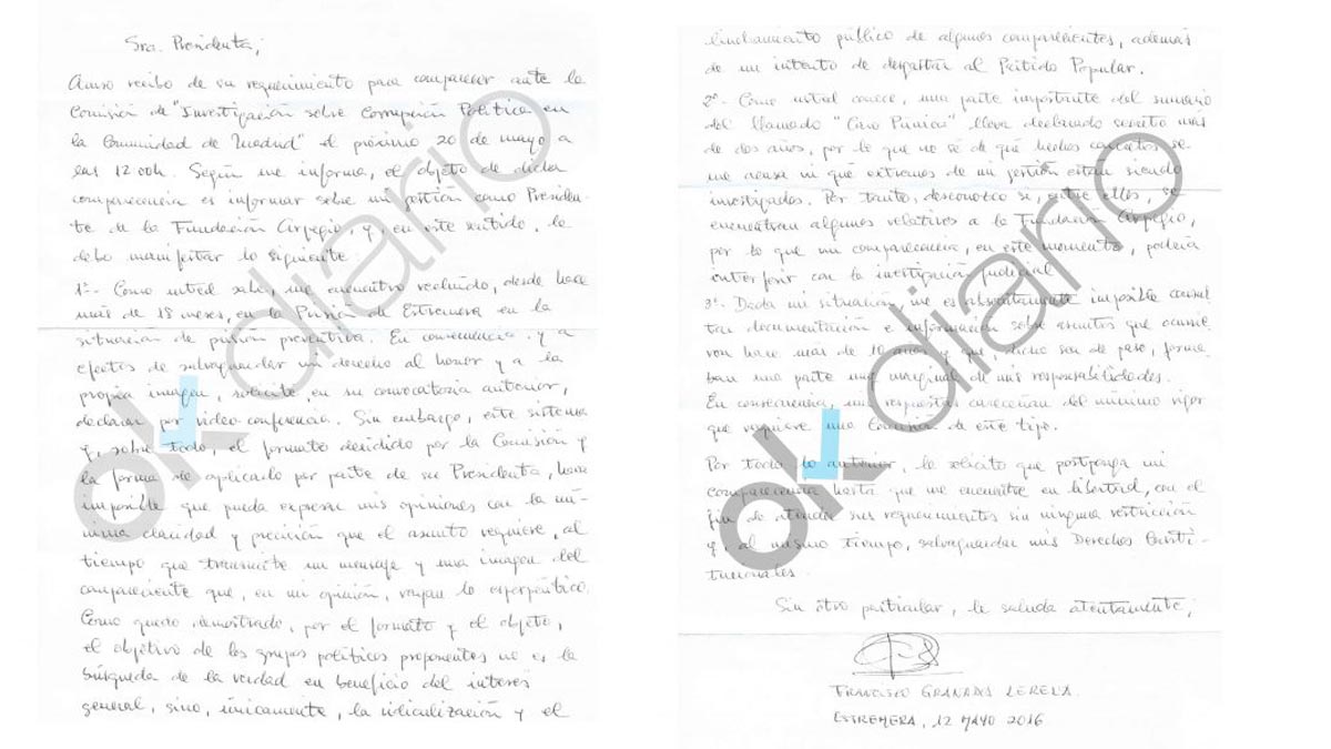 Carta enviada por Francisco Granados a la presidenta de la Asamblea de Madrid.