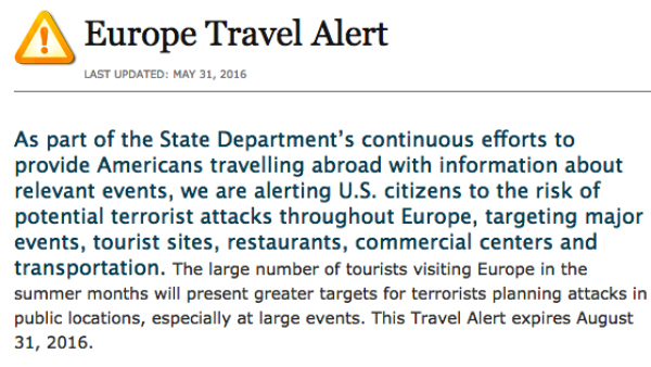 Captura de pantalla de la nota del Departamento de Estado alertando contra atentados en Europa.