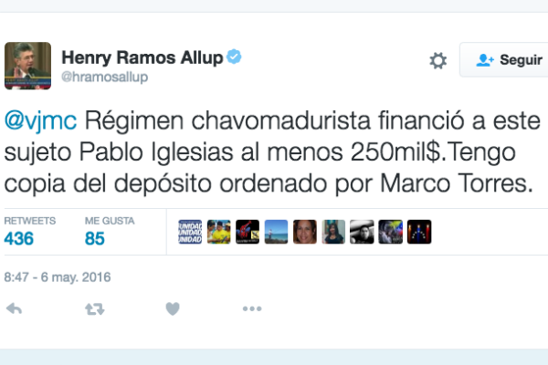 Mensaje difundido por Henry Ramos Allup en la red social Twitter