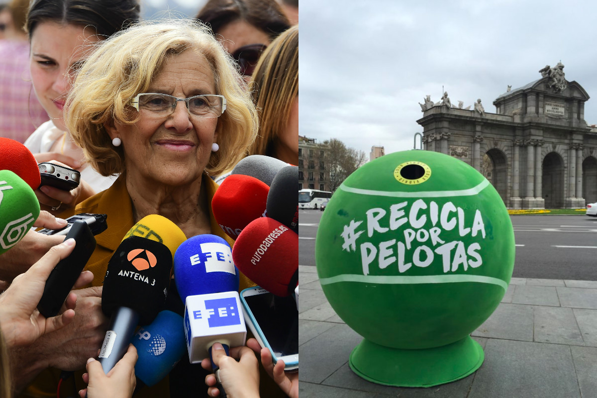 La alcaldesa Carmena y el polémico contenedor. (Foto: EFE, TW)