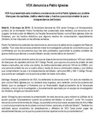 VOX denuncia a Pablo Iglesias por blanqueo de capitales y delitos electorales