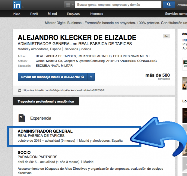 Captura del LinkedIN del enchufado de Ahora Madrid.