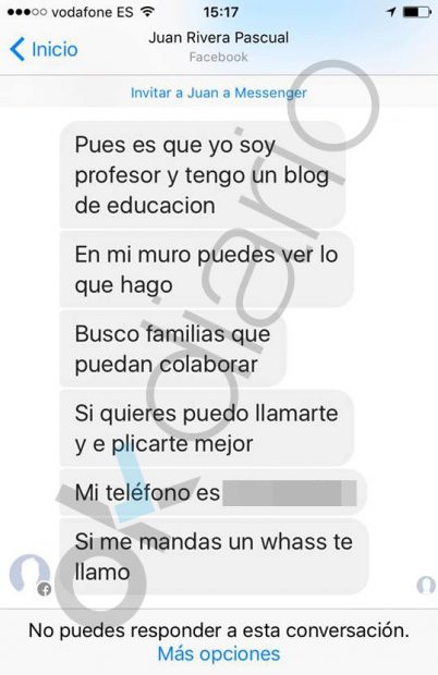 Mensaje de Facebook enviado por Juan Rivera Pascual a la madre de un colegio valenciano.