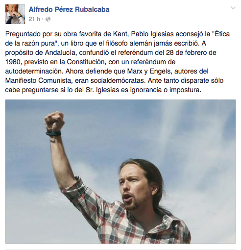 La publicación del ex secretario general del PSOE, Alfredo Pérez Rubalcaba, en su cuenta de Facebook