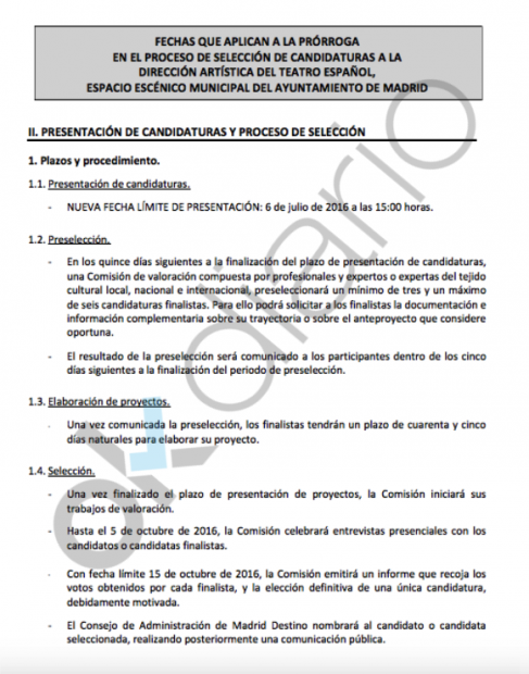 Carta de ampliación del plazo para candidatos para el Teatro Español. (Clic para ampliar)